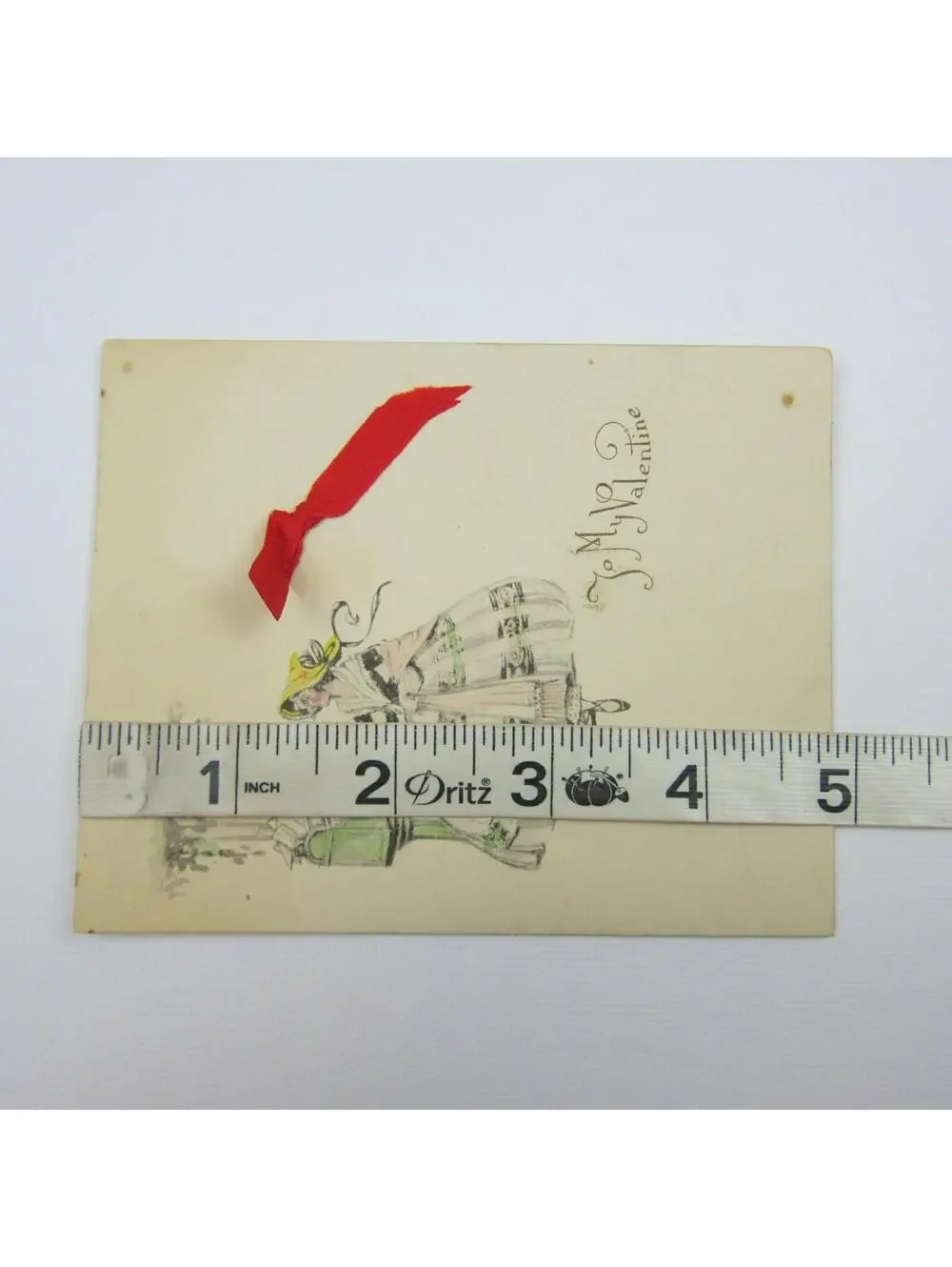 Valentine Card Lady 1850s Dress & Hat Antique Mailbox Die cut Bifold Red Ribbon